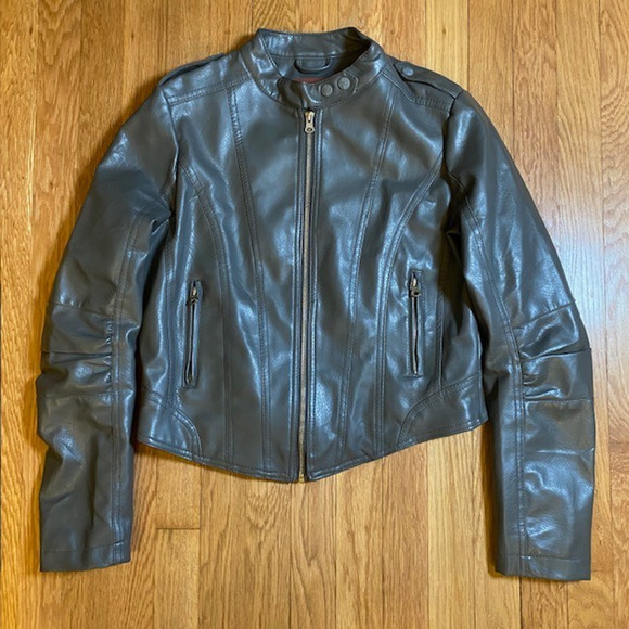 Miss London Womens Large Gray Faux Leather Short Full Zip Moto Jacket - Picture 1 of 12